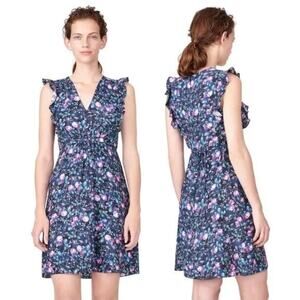 Rebecca Taylor Blue 4 Belted Mini Dress Silk Ruby Floral V-Neck Ruffle Hammered
